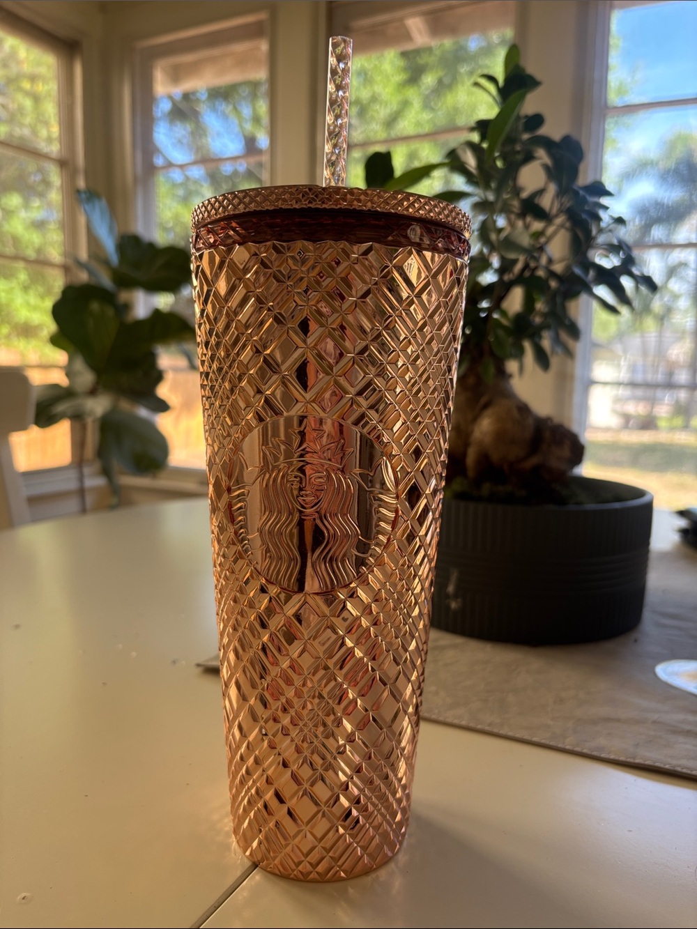 Starbucks Rose Gold Diamond-Texture Cold Cup with Reusable Straw